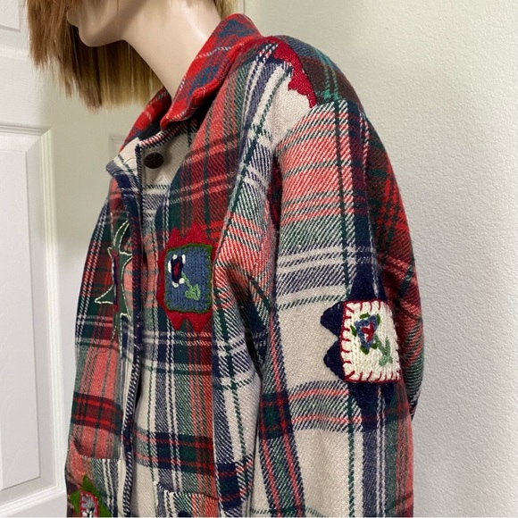 Vintage SANDY STARKMAN Red Plaid  Embroider Appliqué Wool Blend Shacket Jacket L - Picture 9 of 15